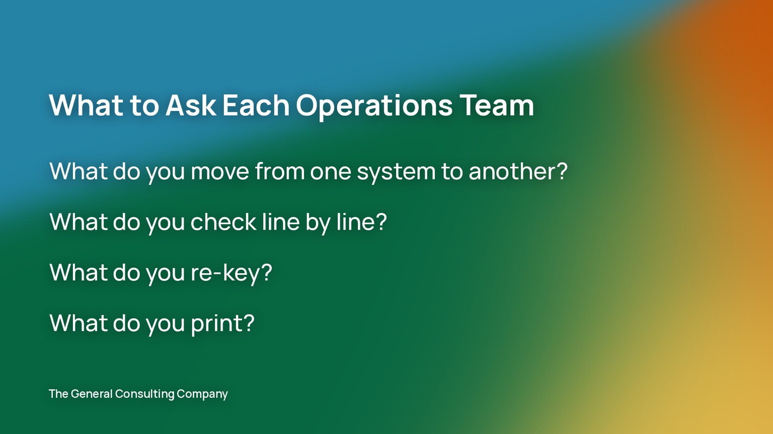 The three questions to ask each operations team: what do you move between systems, what do you check line by line, and what do you re-key